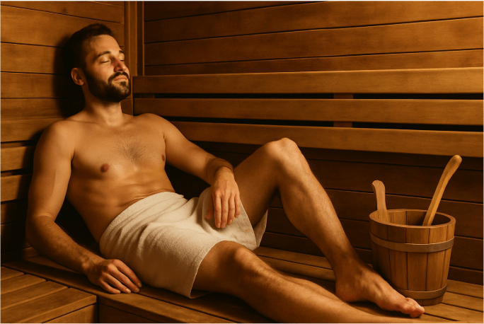 Man relaxing in a sauna wrapped in a towel.