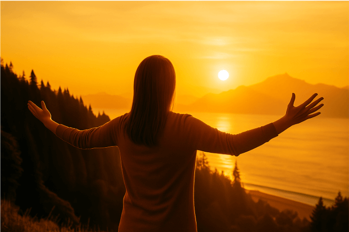 Person enjoying sunrise, embracing longevity and wellness in nature
